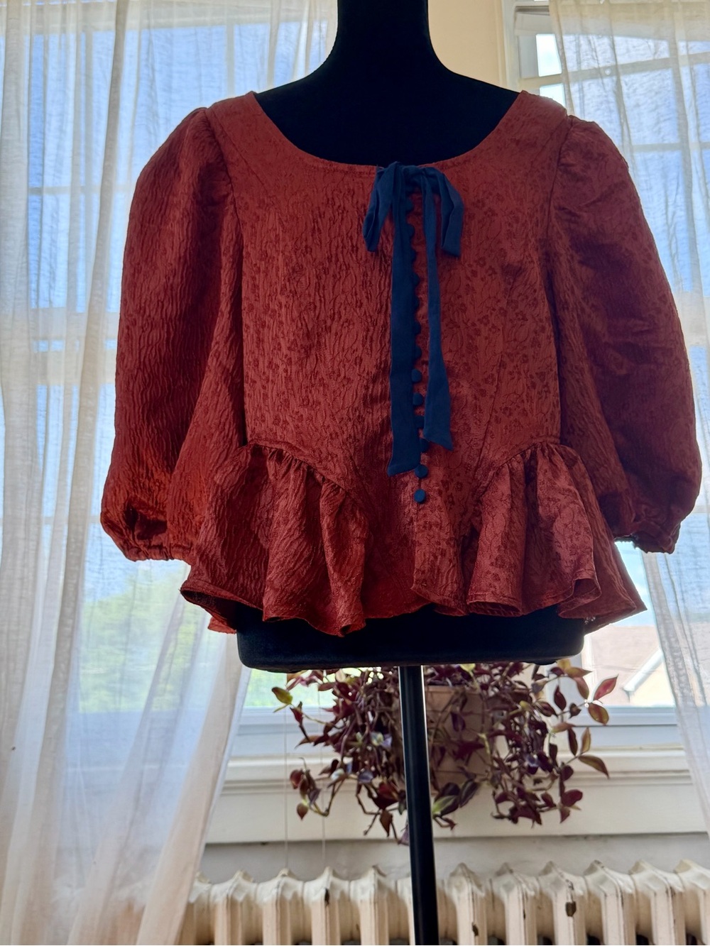 Free People Rust Peplum Blouse with Navy Tie Detail
